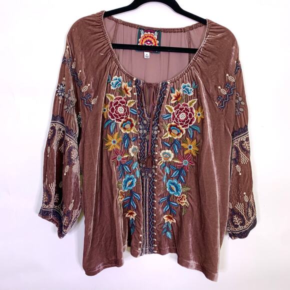 Johnny Was Tops - Johnny Was Eleni Velvet Silk Blouse Top XL Embroidered Peasant Dusty Pink Floral